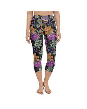 Womens Yoga Capris Faux Paillette Flower Grey/Green | Gearbunch.com