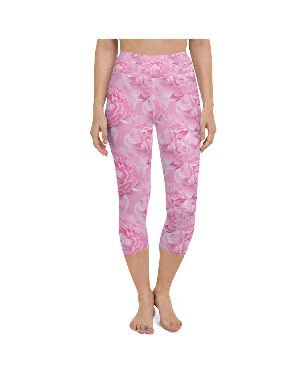 Womens Yoga Capris Peony Flower Pink/White | Gearbunch.com