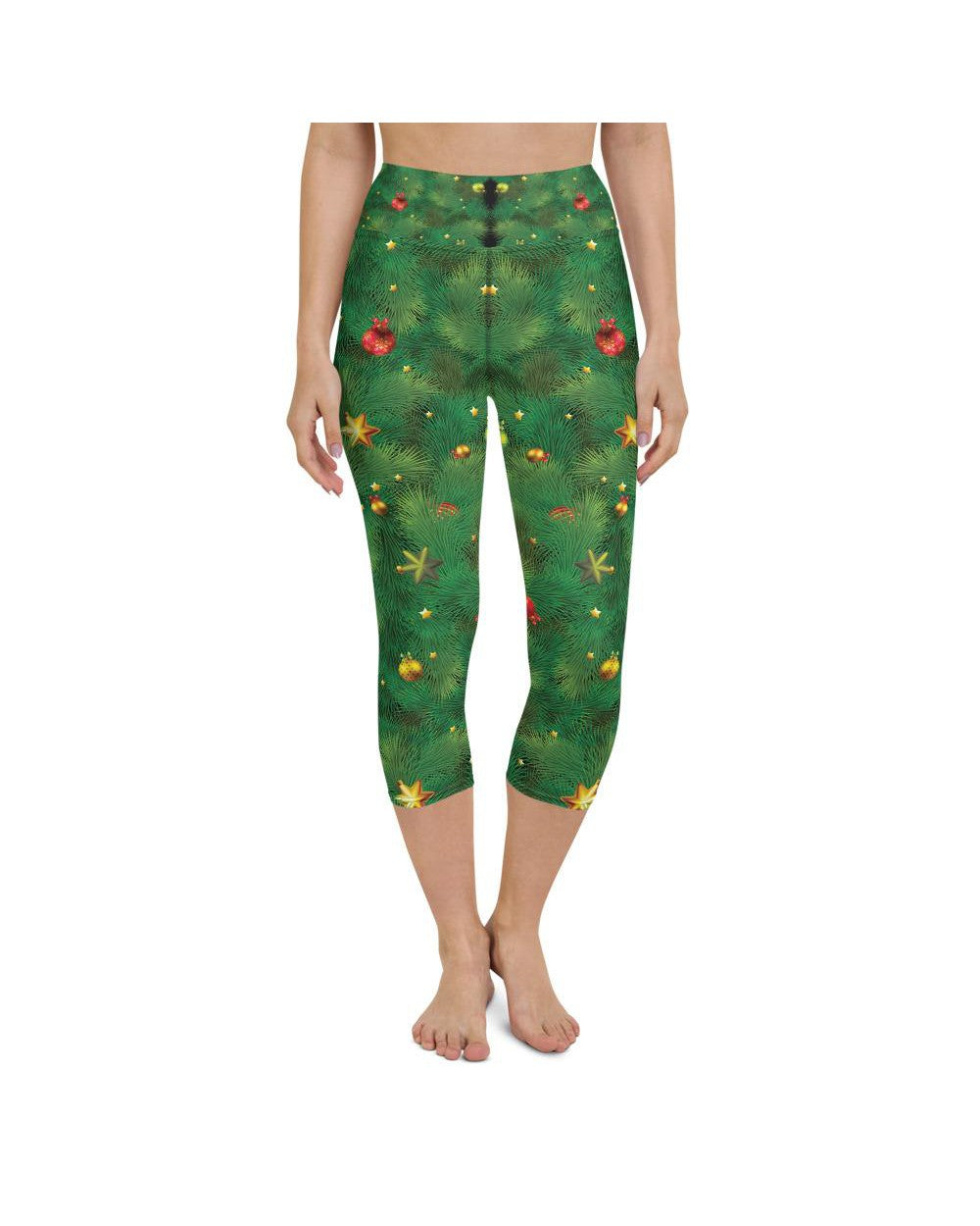 Womens Yoga Capris Realistic Christmas Tree Green/Gold | Gearbunch.com