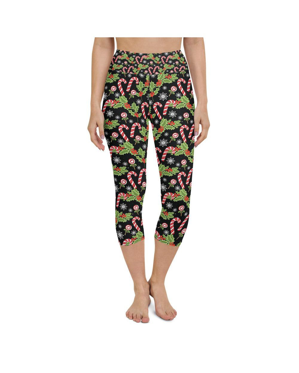 Womens Yoga Capris Holly Leaves with Berries Black/Red | Gearbunch.com