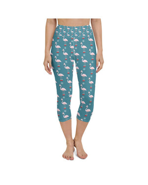 Womens Yoga Capris Christmas Flamingo Patterned Teal | Gearbunch.com