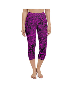 Womens Yoga Capris Pink Glowing Floral Black/Pink | Gearbunch.com