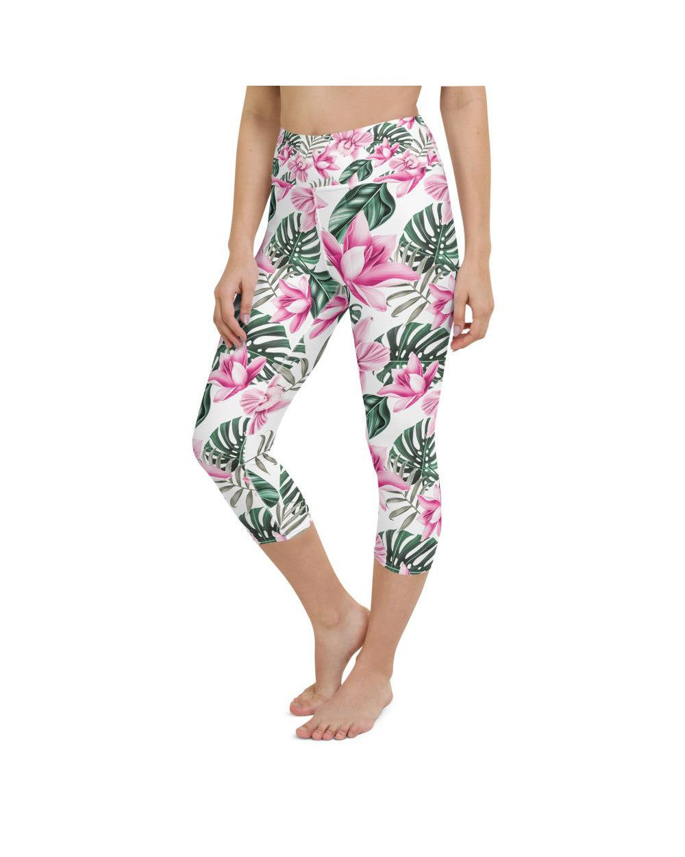 Tropical Floral White Yoga Capris Gearbunch