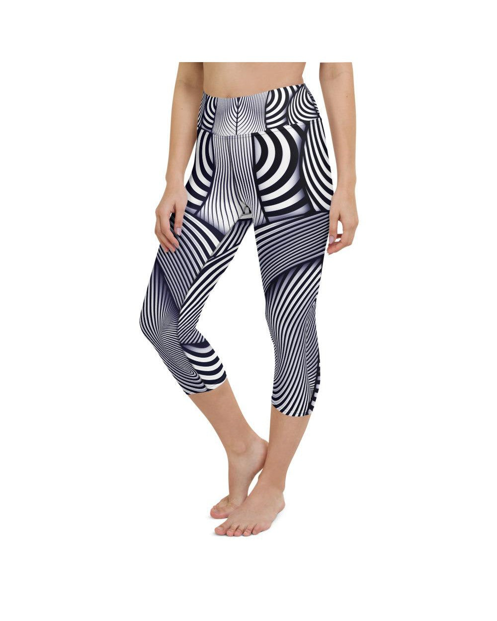 Yoga Capris - Womens Yoga Capris Optical Illusion Stripe Blue/White/Navy | Gearbunch.com