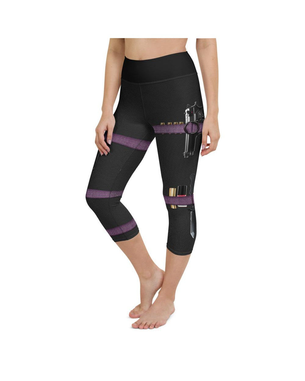 Womens Yoga Capris Guns & Make-up Carbon Black/Purple/White | Gearbunch.com