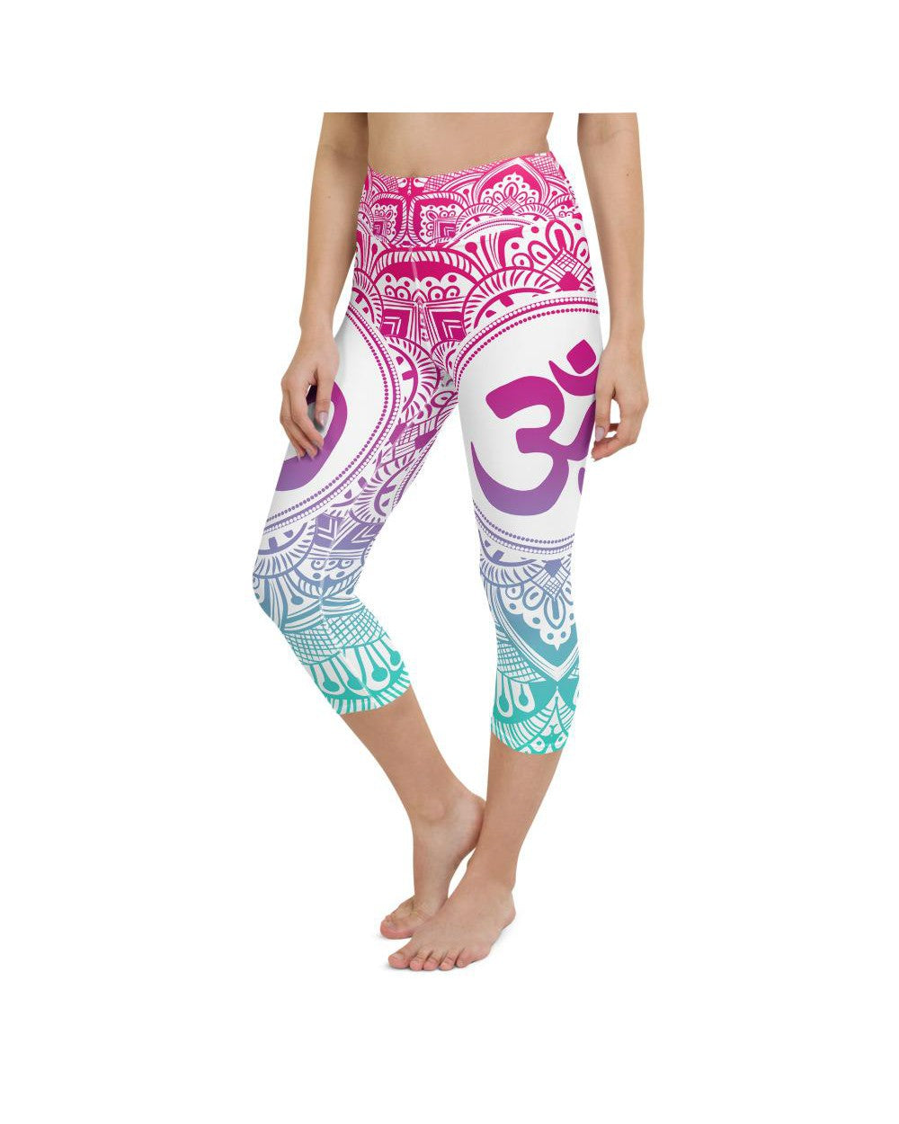 Yoga Capris - Womens Yoga Capris Bright OM White/Pink/Blue | Gearbunch.com