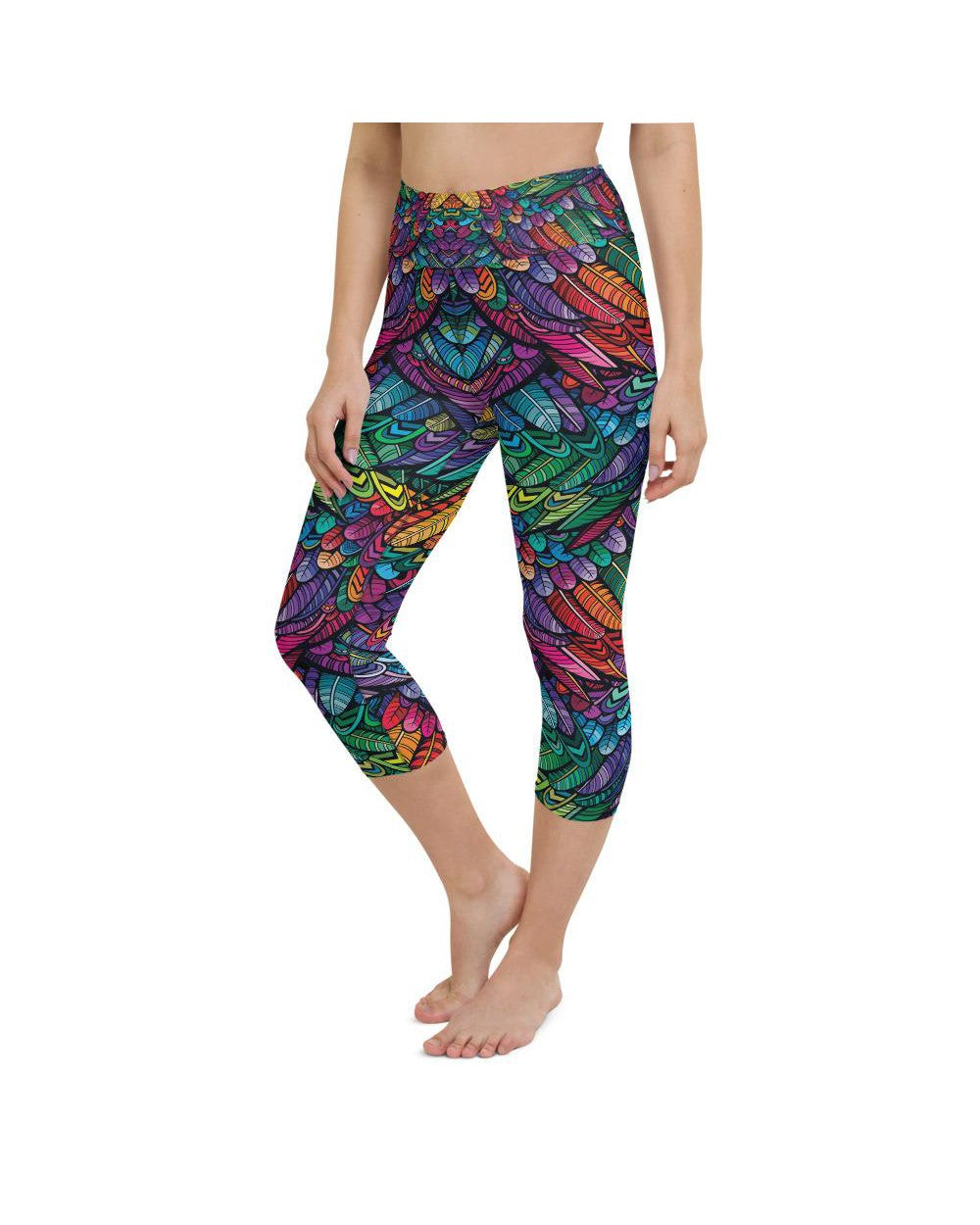 Womens Yoga Capris Colorful Feathers Green/Purple/Blue | Gearbunch.com