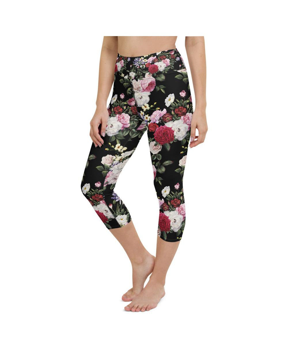 Womens Yoga Capris Colorful Roses Black/Pink/White | Gearbunch.com