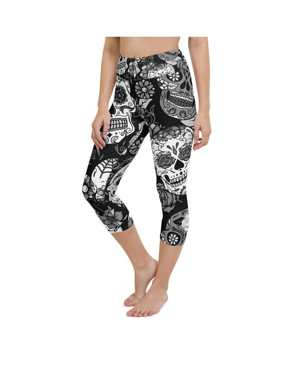 Womens Yoga Capris Black & White Sugar Skull | Gearbunch.com