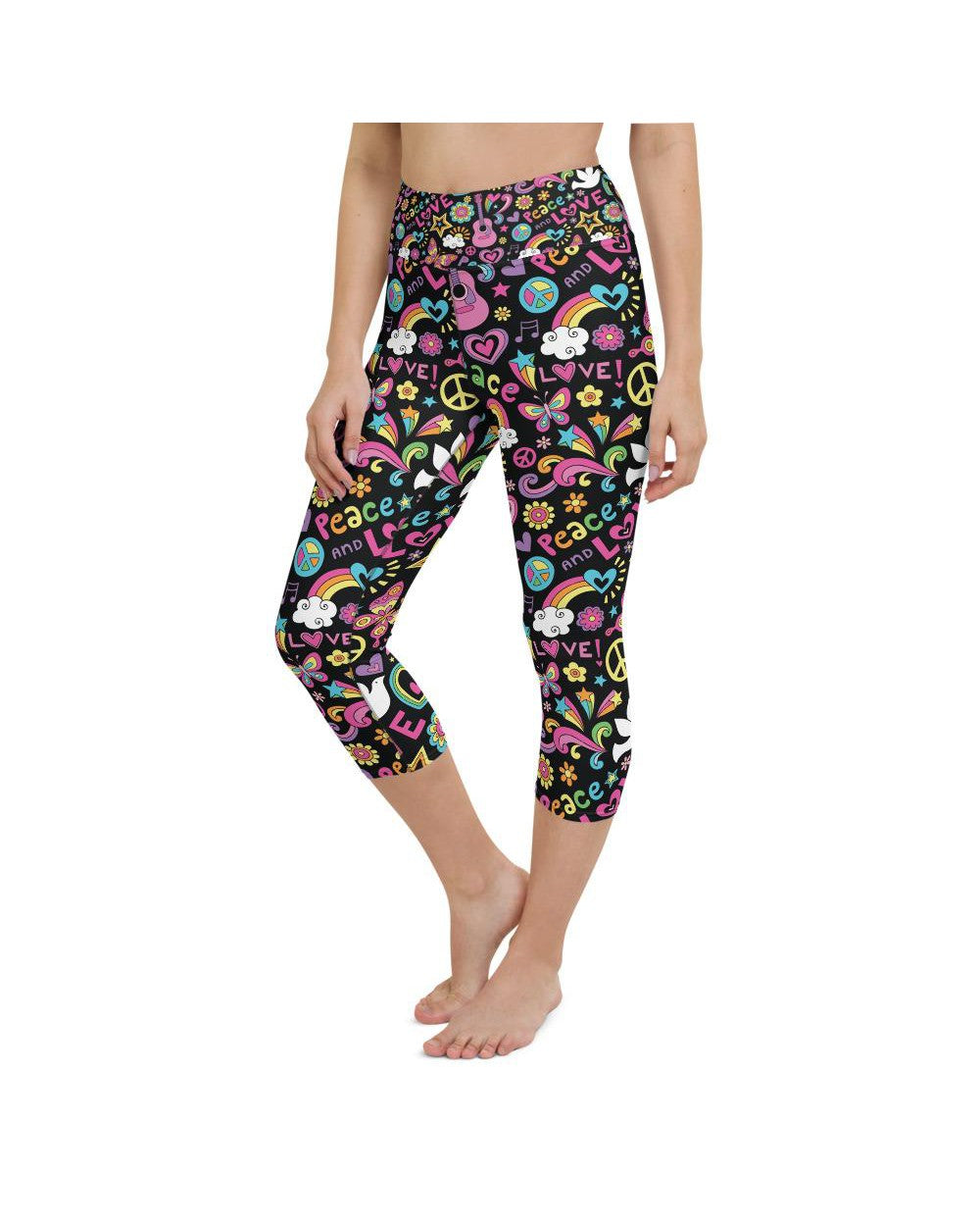 Womens Yoga Capris Peace and Love Black/Pink/Yellow | Gearbunch.com