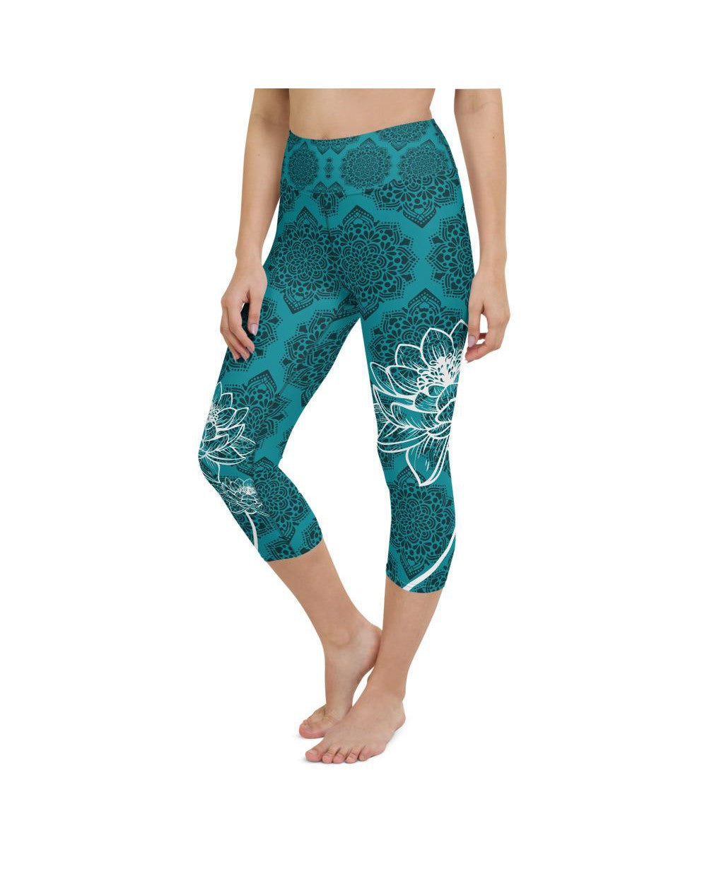 Womens Yoga Capris Cyan Blue Lotus Blue/Black/White | Gearbunch.com