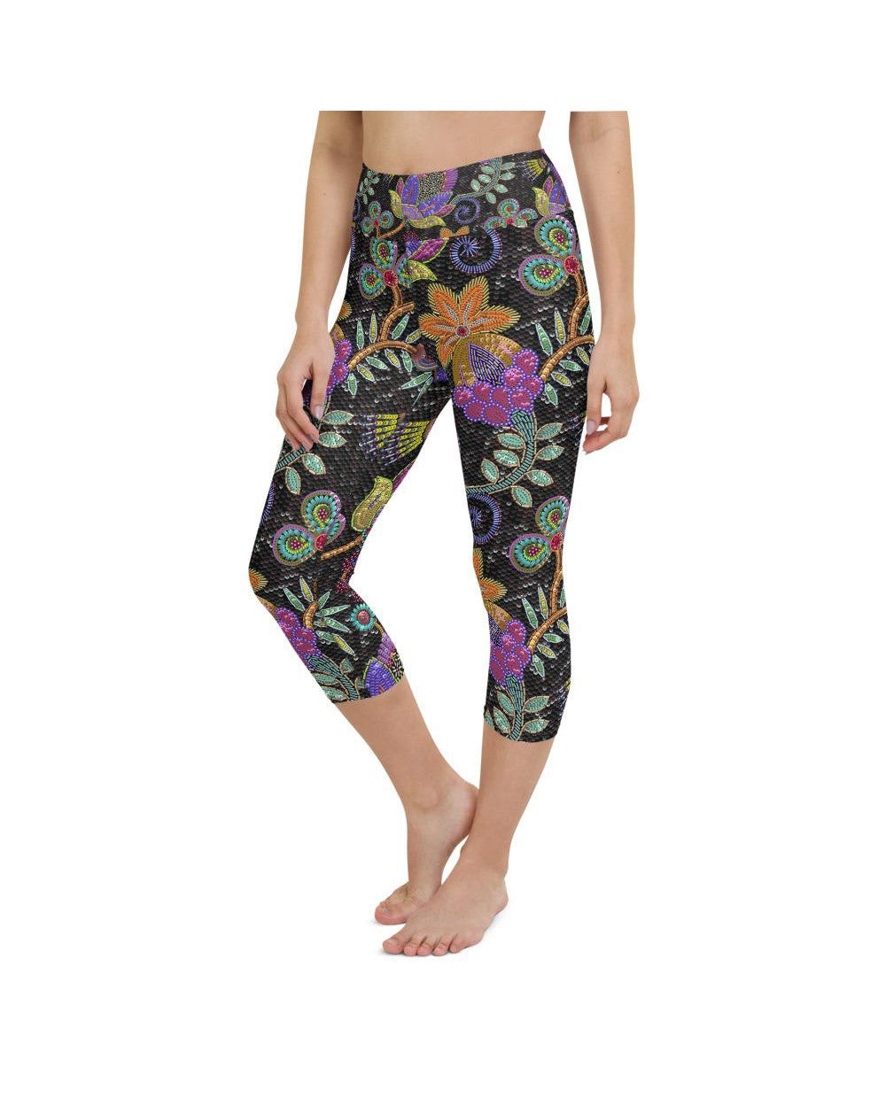 Womens Yoga Capris Faux Paillette Flower Grey/Green | Gearbunch.com