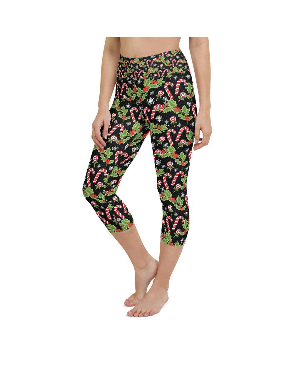 Womens Yoga Capris Holly Leaves with Berries Black/Red | Gearbunch.com