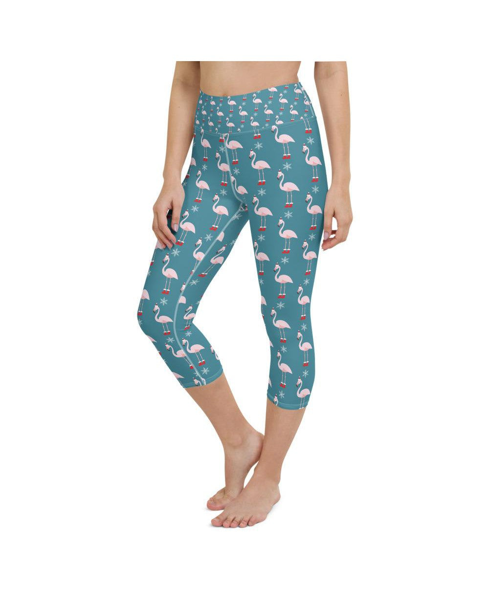 Womens Yoga Capris Christmas Flamingo Patterned Teal | Gearbunch.com