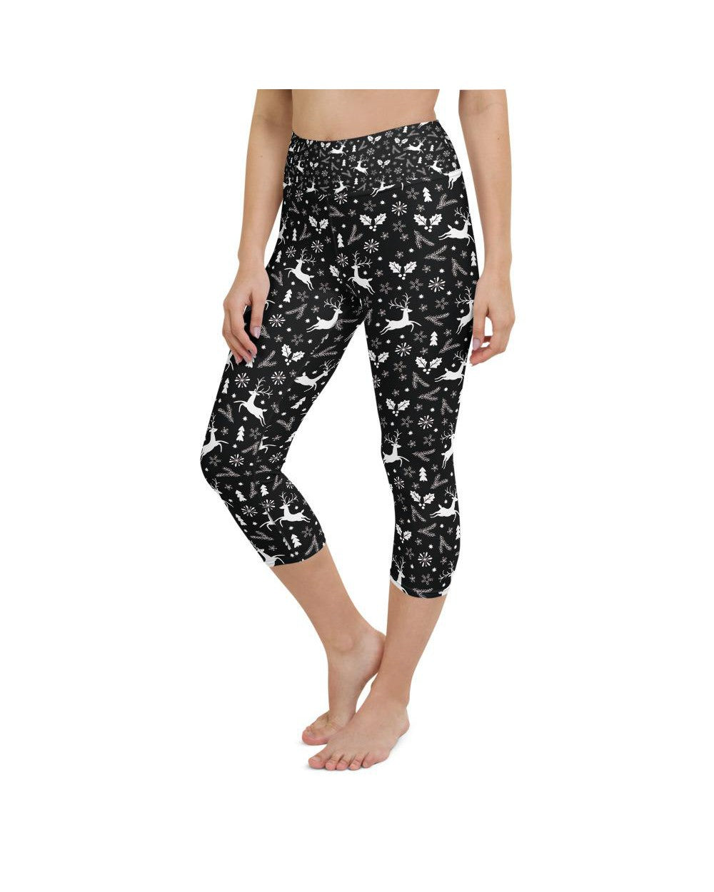 Womens Yoga Capris Black Reindeer Christmas White/Grey | Gearbunch.com