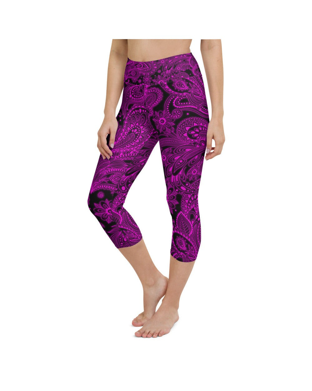 Womens Yoga Capris Pink Glowing Floral Black/Pink | Gearbunch.com