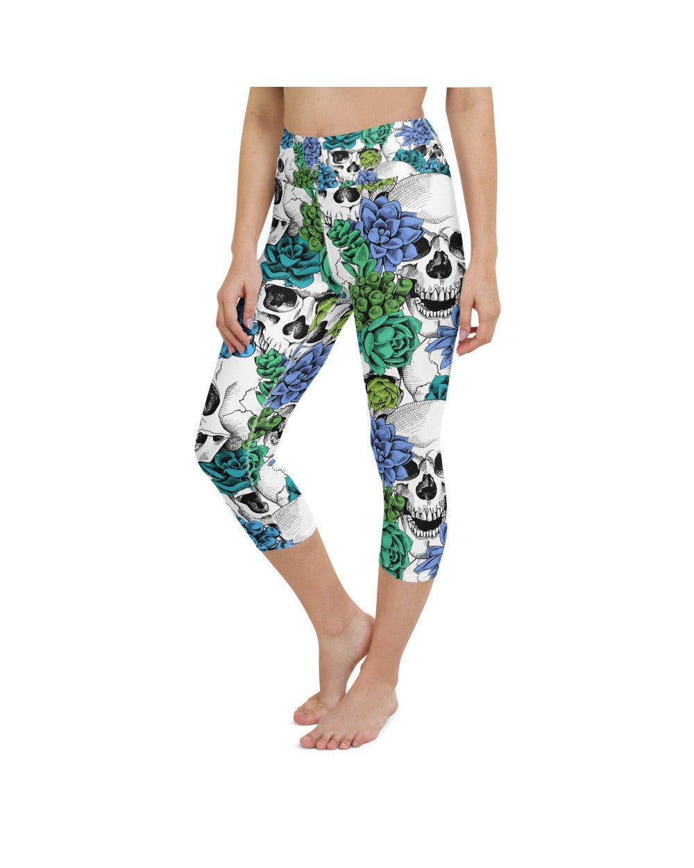 Womens Yoga Capris Blue Floral Skulls White/Green | Gearbunch.com