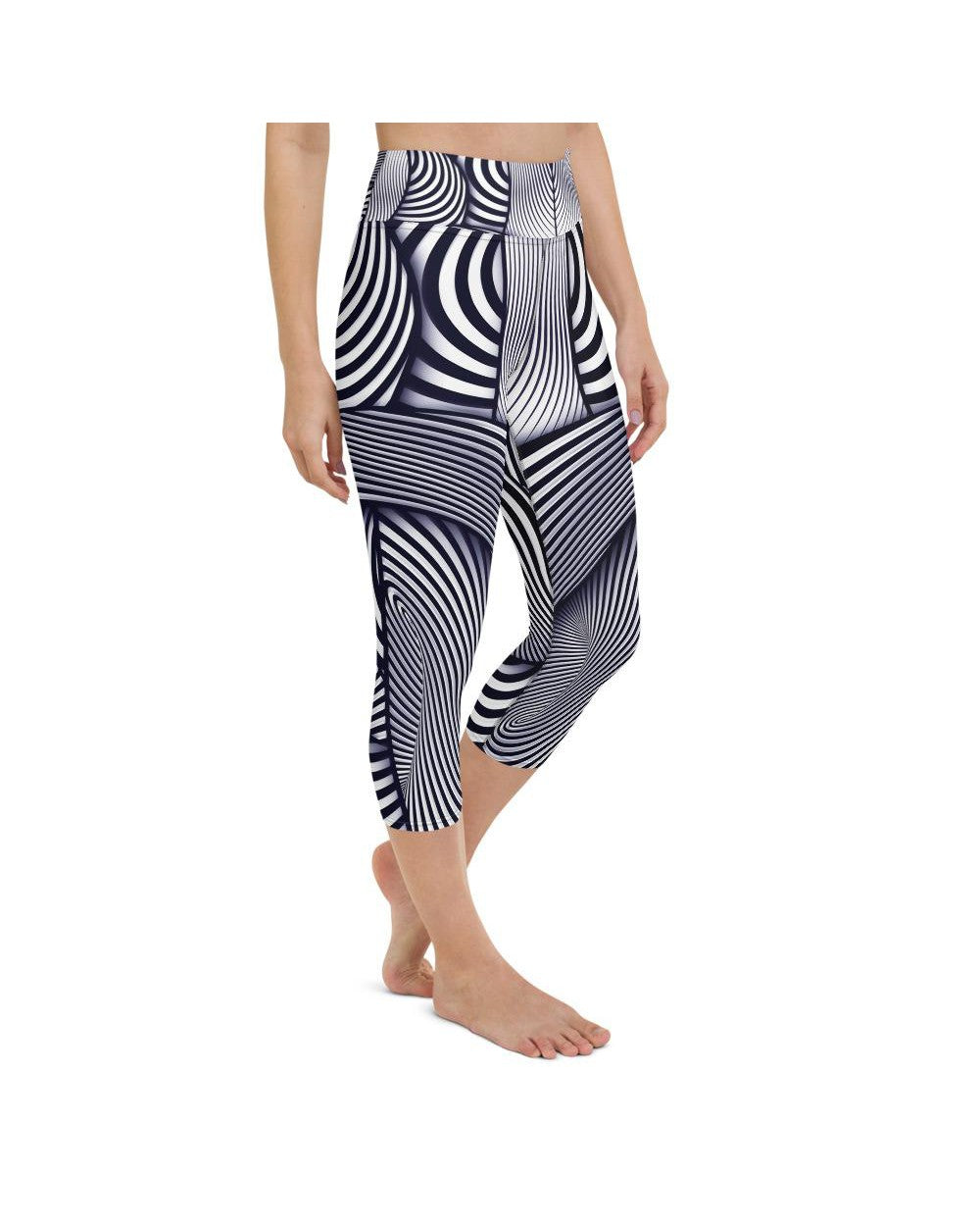 Yoga Capris - Womens Yoga Capris Optical Illusion Stripe Blue/White/Navy | Gearbunch.com