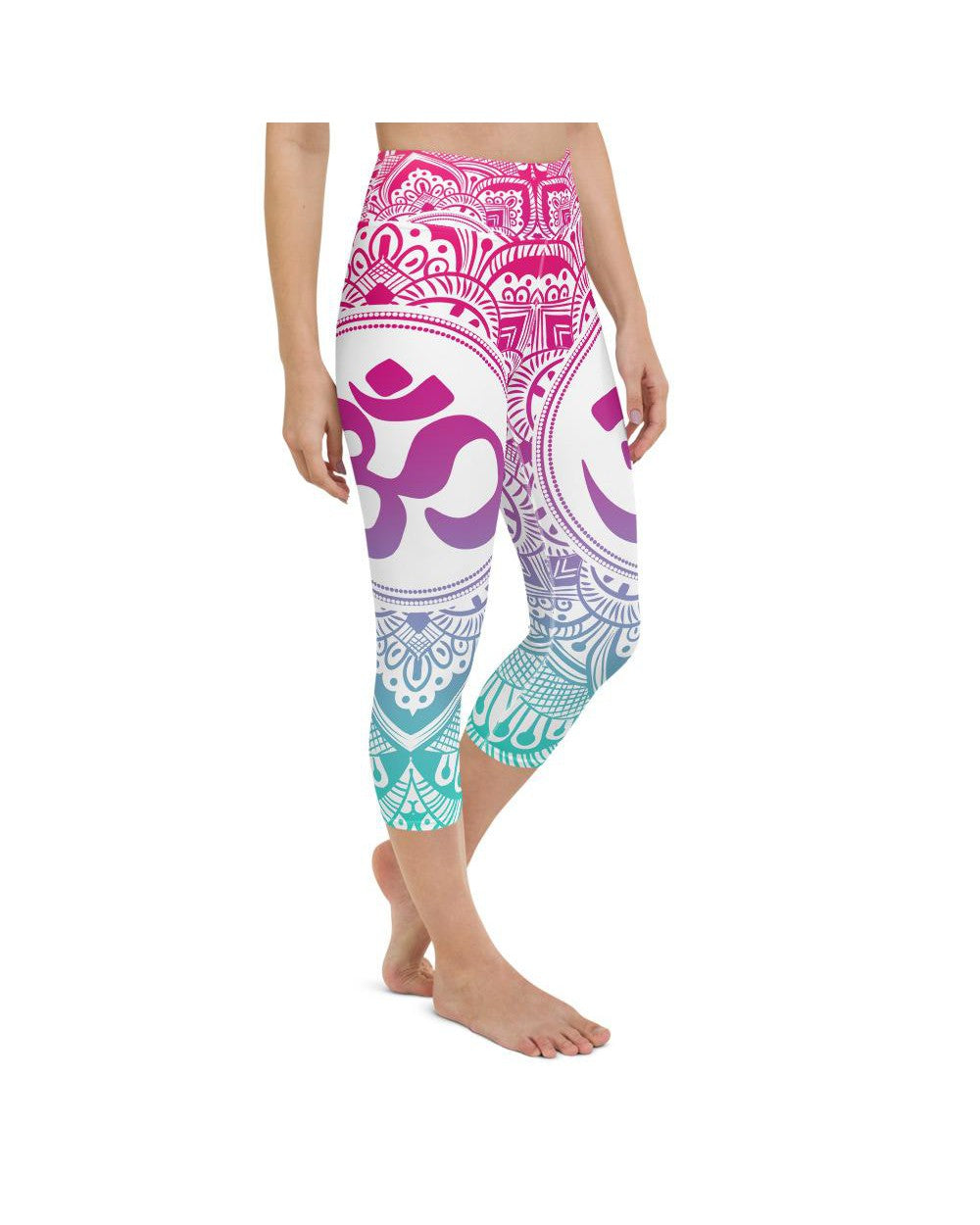 Yoga Capris - Womens Yoga Capris Bright OM White/Pink/Blue | Gearbunch.com