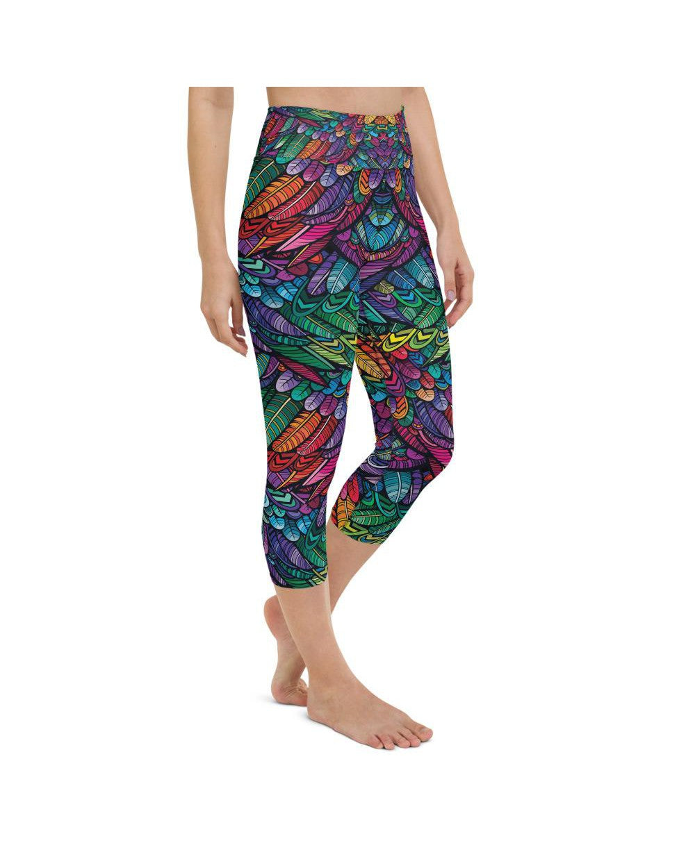 Womens Yoga Capris Colorful Feathers Green/Purple/Blue | Gearbunch.com