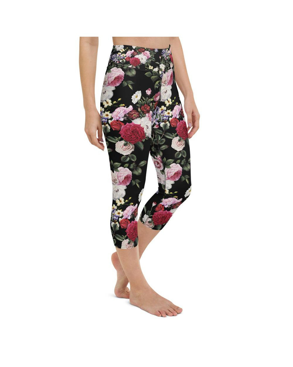 Womens Yoga Capris Colorful Roses Black/Pink/White | Gearbunch.com