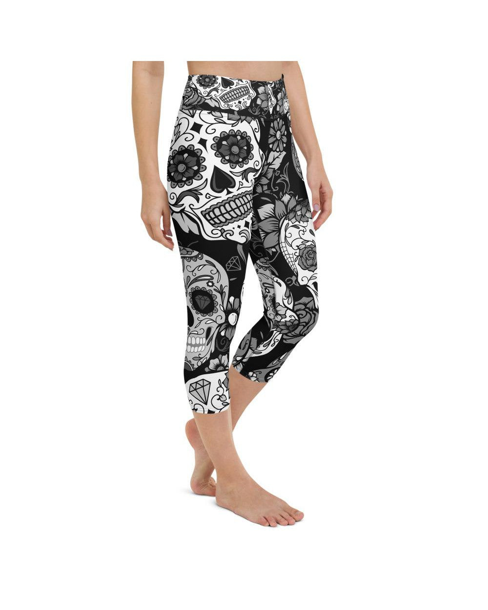 Womens Yoga Capris Black & White Sugar Skull | Gearbunch.com