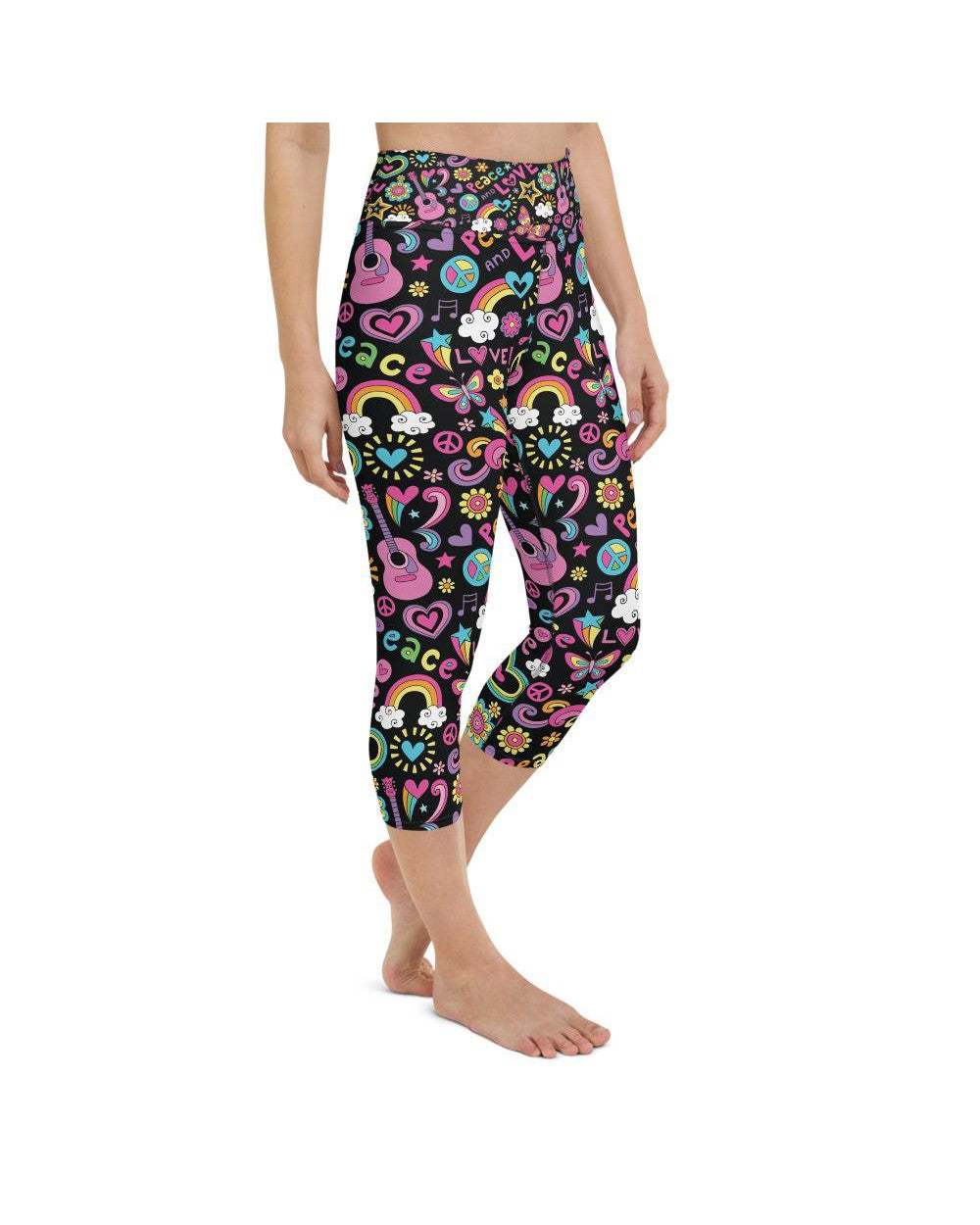 Womens Yoga Capris Peace and Love Black/Pink/Yellow | Gearbunch.com