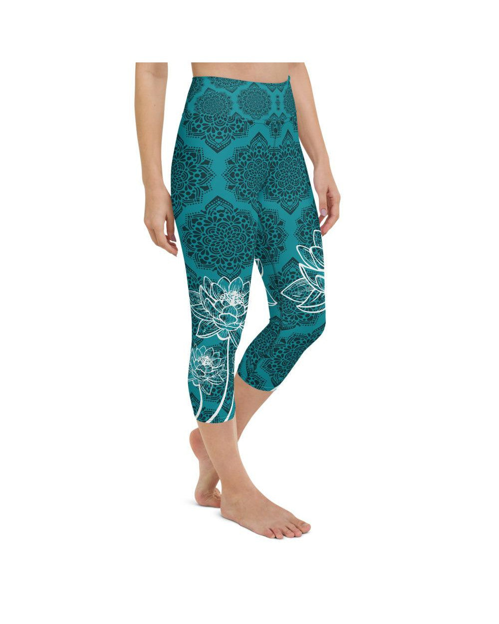 Womens Yoga Capris Cyan Blue Lotus Blue/Black/White | Gearbunch.com