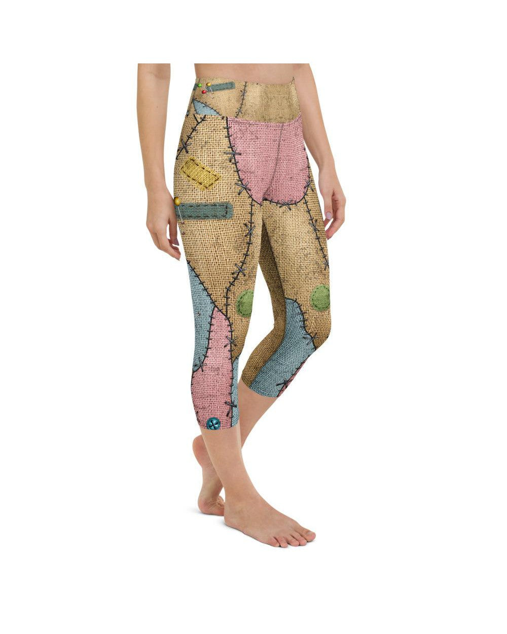 Womens Yoga Capris Voodoo Doll Patch Brown/Blue/Pink | Gearbunch.com