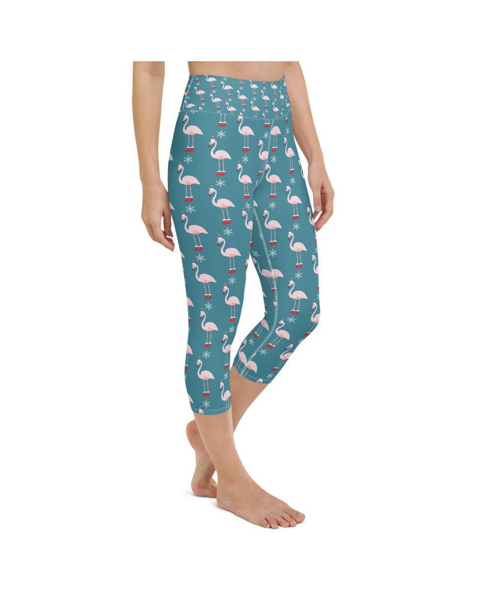 Womens Yoga Capris Christmas Flamingo Patterned Teal | Gearbunch.com