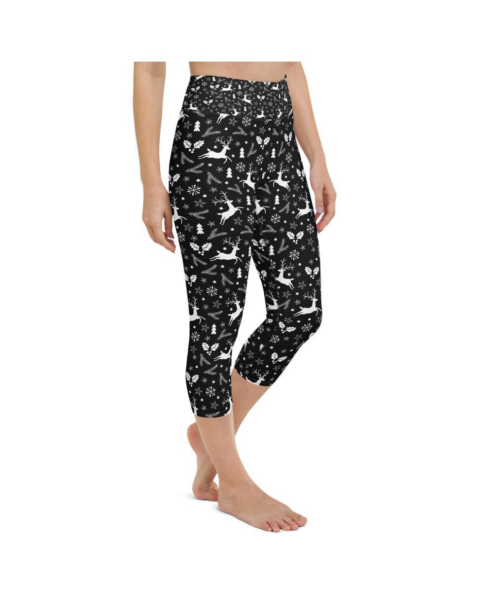 Womens Yoga Capris Black Reindeer Christmas White/Grey | Gearbunch.com