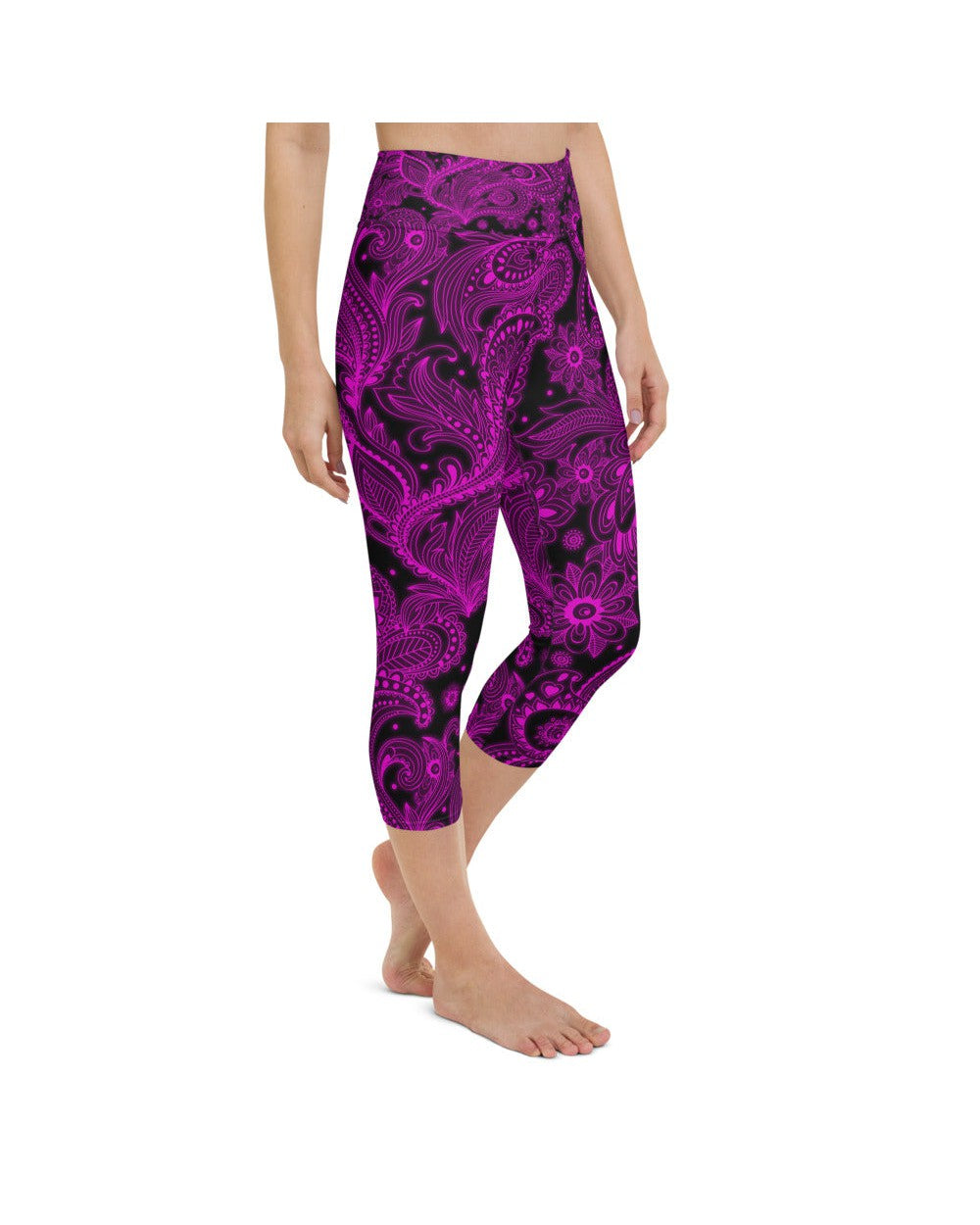 Womens Yoga Capris Pink Glowing Floral Black/Pink | Gearbunch.com