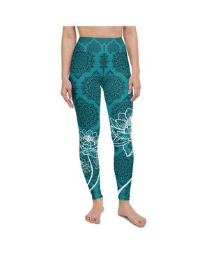 Womens Workout Yoga Pants Cyan Blue Lotus Black/Blue | Gearbunch.com