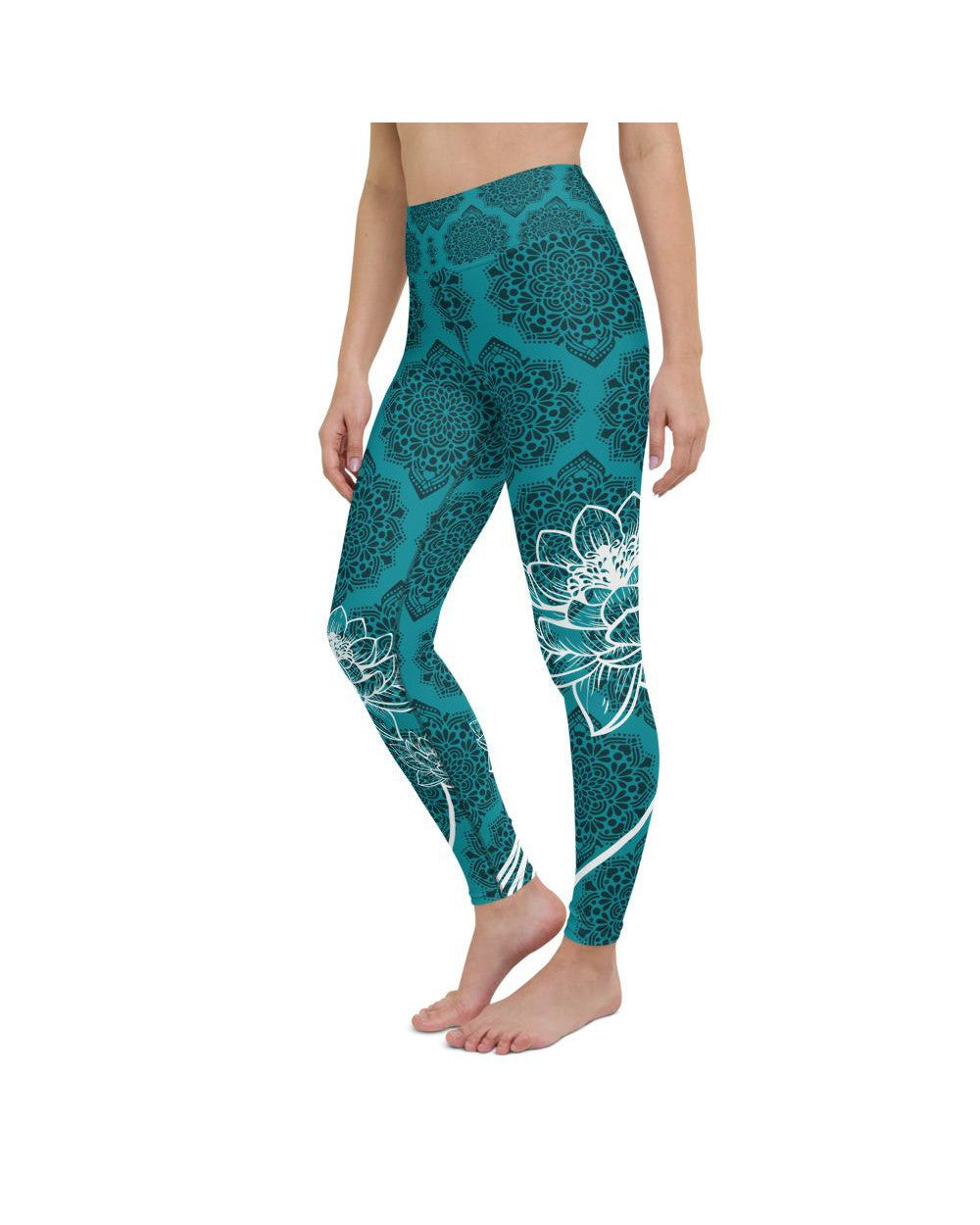 Womens Workout Yoga Pants Cyan Blue Lotus Black/Blue | Gearbunch.com