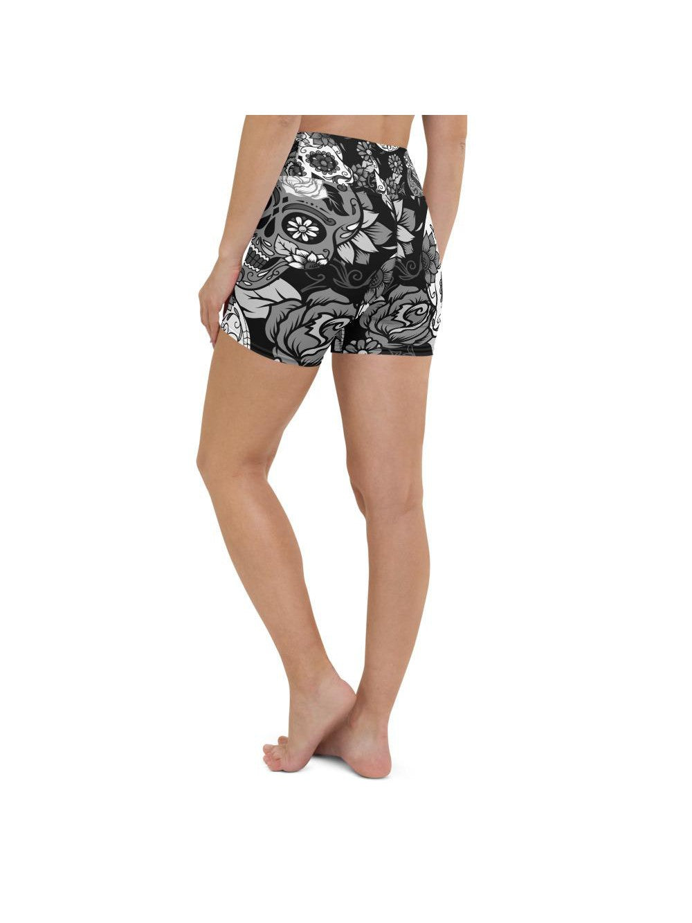 Womens Yoga Shorts Black & White Sugar Skull | Gearbunch.com