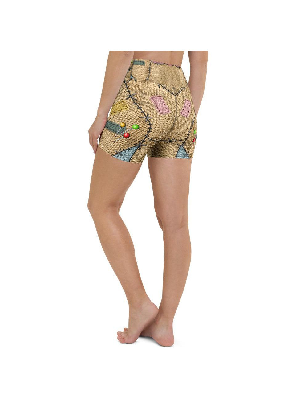 Womens Yoga Shorts Voodoo Doll Patch Brown/Blue/Pink | Gearbunch.com