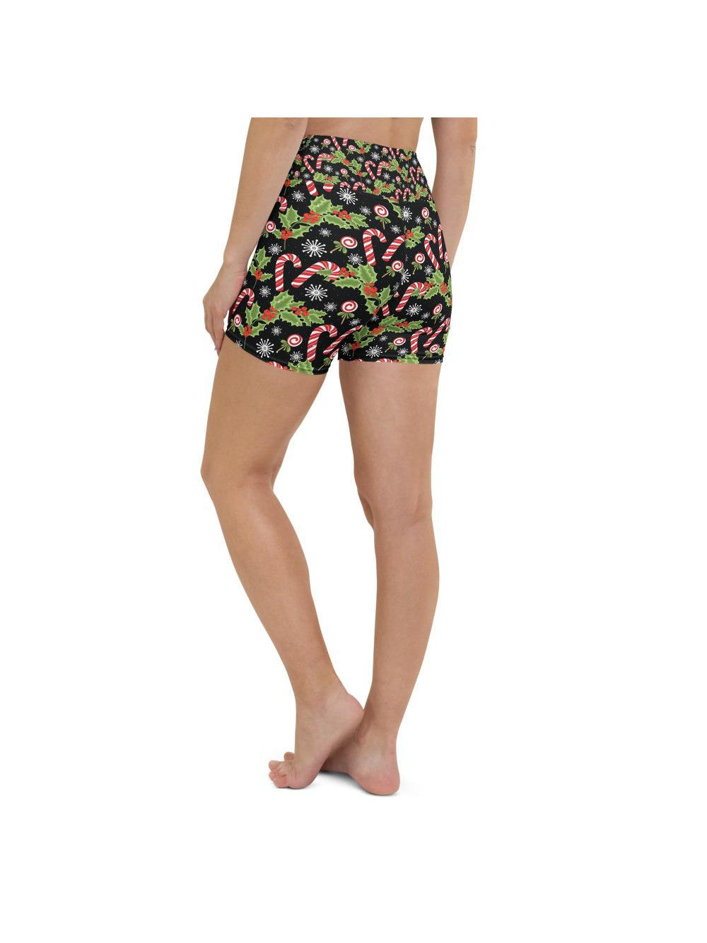 Womens Yoga Shorts Holly Leaves with Berries Black/Red | Gearbunch.com