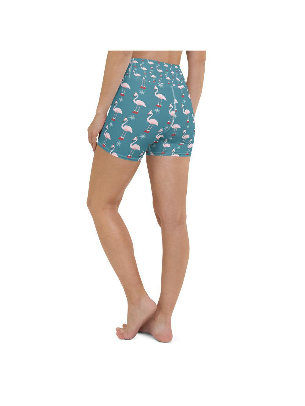 Womens Yoga Shorts Christmas Flamingo Patterned Teal | Gearbunch.com