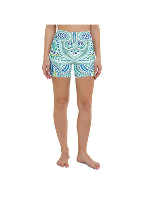 Blue and Green Paisley Yoga Shorts Gearbunch