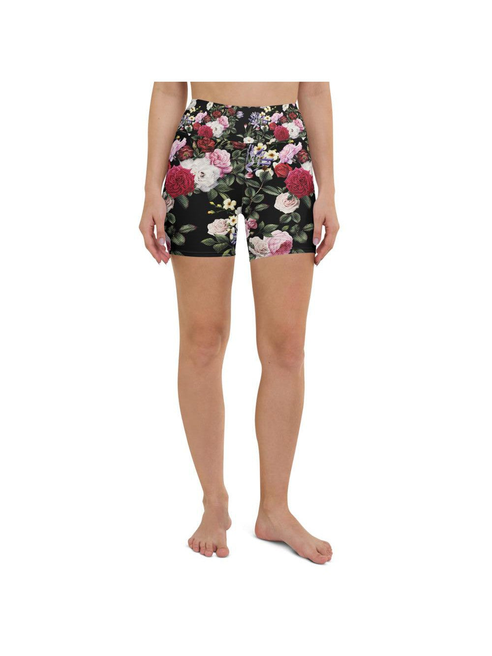 Womens Yoga Shorts Colorful Roses Black/White/Pink | Gearbunch.com