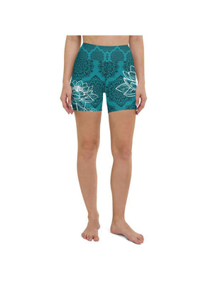 Womens Yoga Shorts Cyan Blue Lotus Blue/Black/White | Gearbunch.com