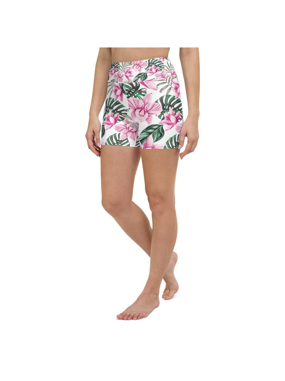 Tropical Floral White Yoga Shorts Gearbunch