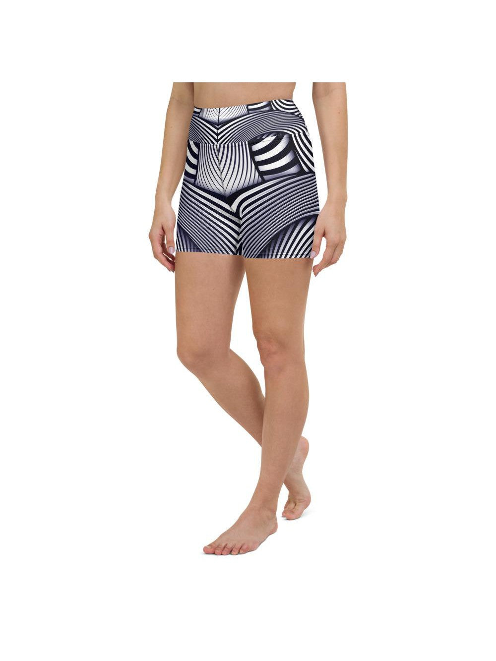 Yoga Shorts - Womens Yoga Shorts Optical Illusion Stripes Blue/White/Navy | Gearbunch.com