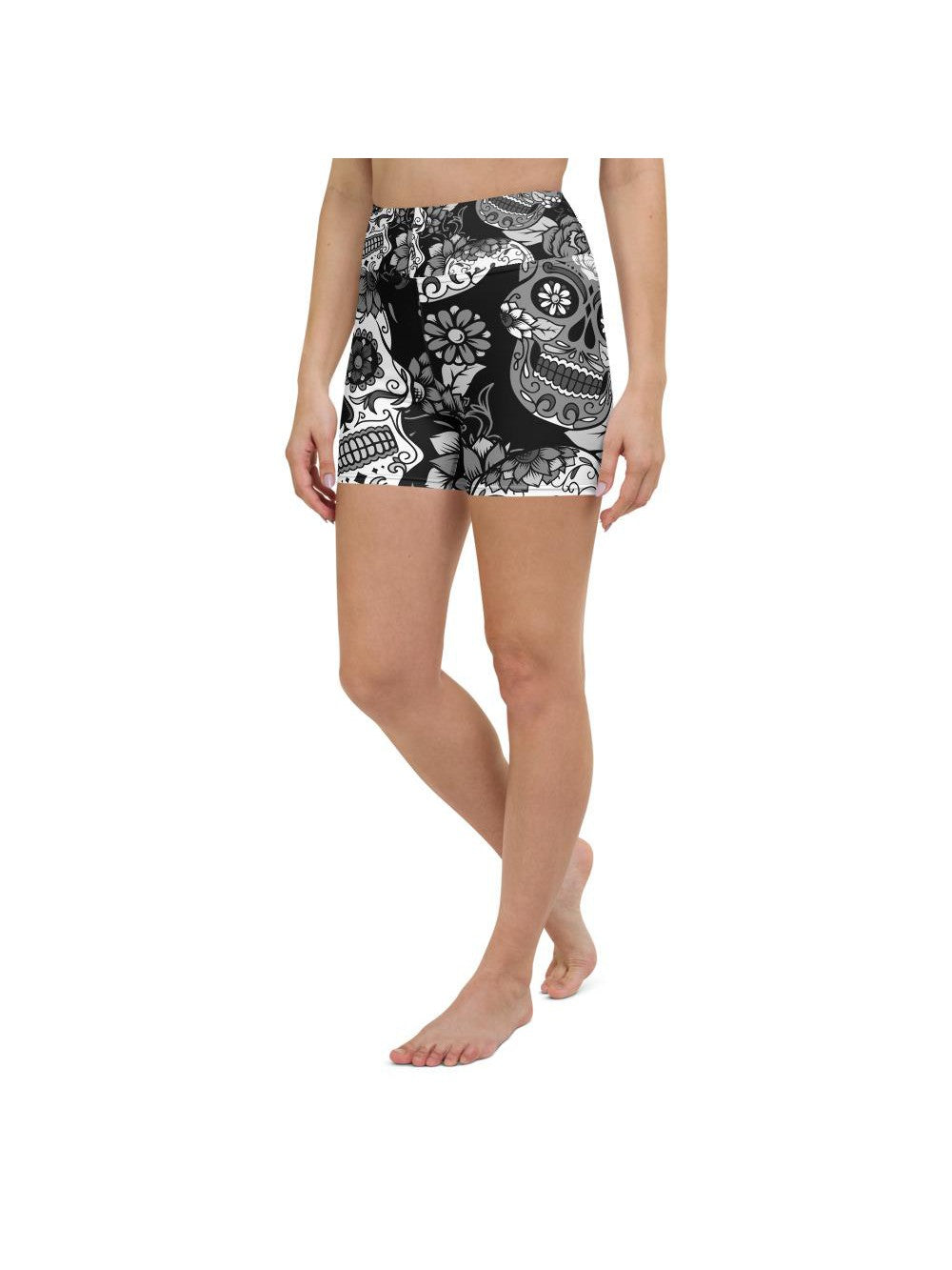 Womens Yoga Shorts Black & White Sugar Skull | Gearbunch.com