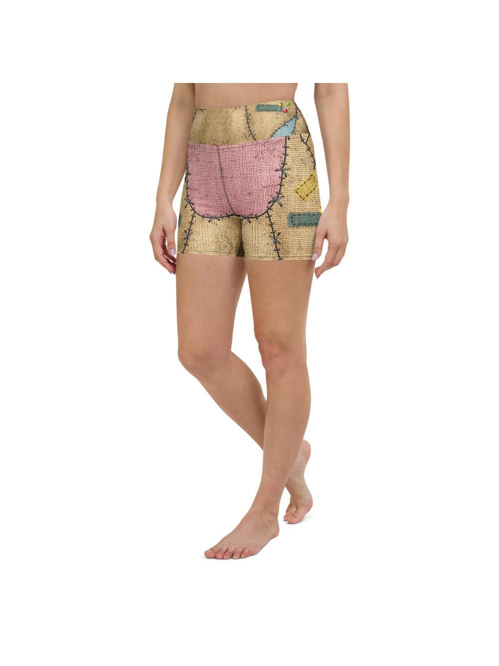 Womens Yoga Shorts Voodoo Doll Patch Brown/Blue/Pink | Gearbunch.com