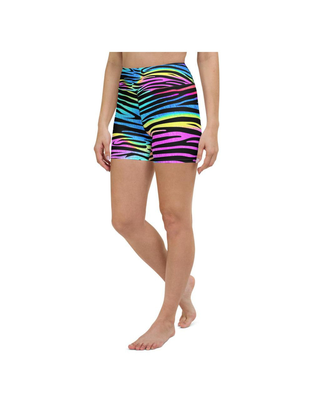 Womens Yoga Shorts Colorful Zebra Striped Rainbow | Gearbunch.com