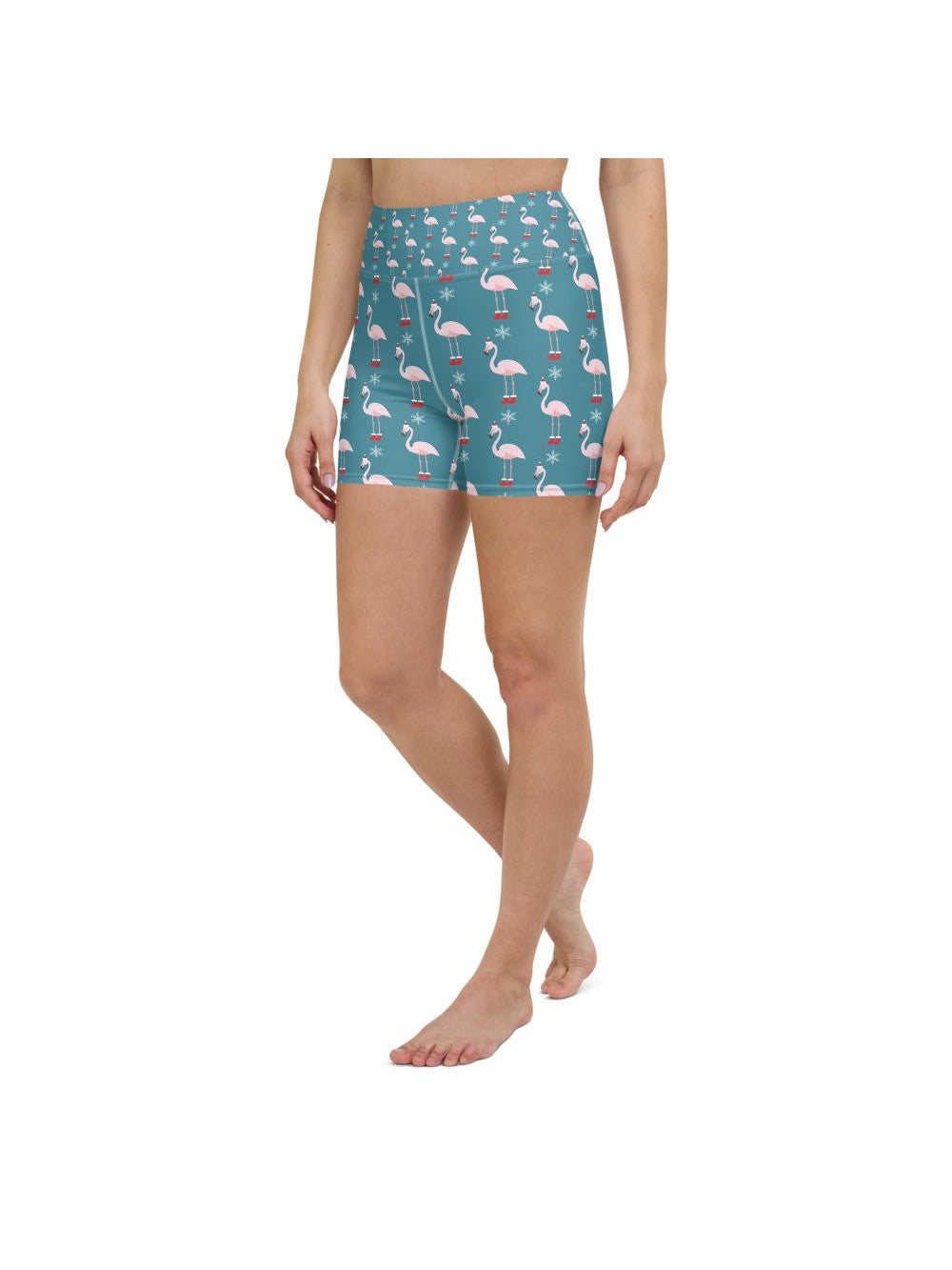 Womens Yoga Shorts Christmas Flamingo Patterned Teal | Gearbunch.com