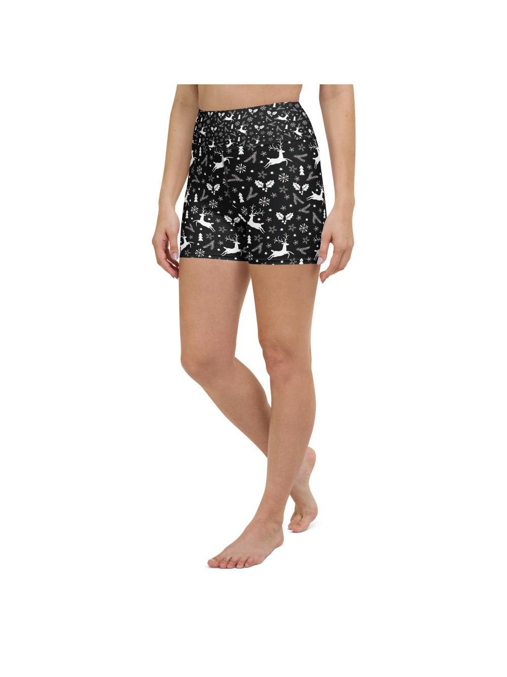 Womens Yoga Shorts Black Reindeer Christmas White/Grey | Gearbunch.com