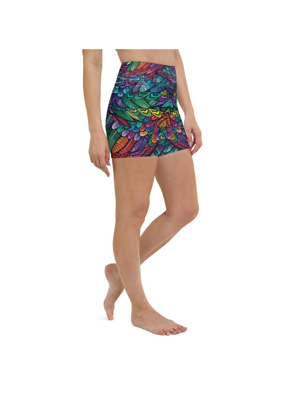 Womens Yoga Shorts Colorful Feathers Green/Purple/Red | Gearbunch.com