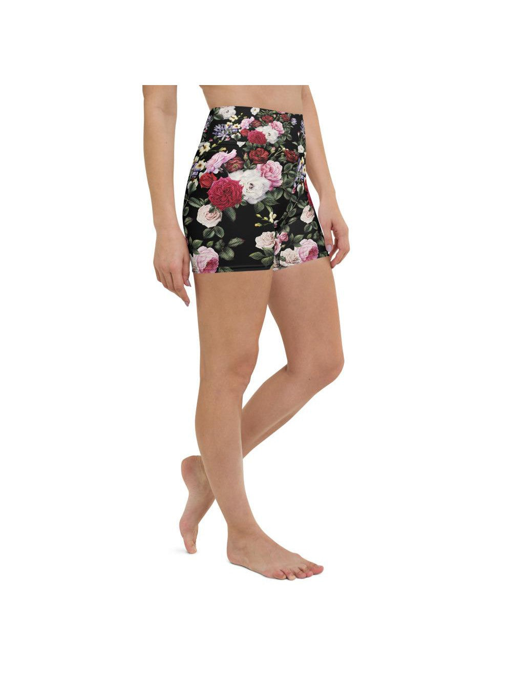 Womens Yoga Shorts Colorful Roses Black/White/Pink | Gearbunch.com